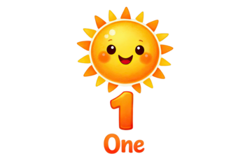 A happy cartoon sun is above a number one and the word one in orange against a white background, creating a cheerful design
