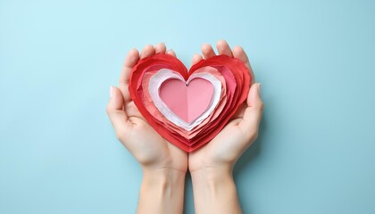 Hands holding layered red and pink paper hearts on blue background  