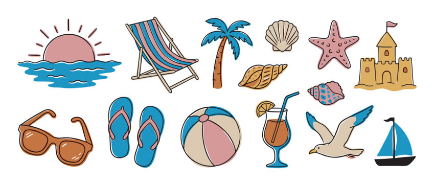 Set of summer beach vacation icons in a cute hand-drawn doodle style featuring a sun, palm tree, sandcastle, seashell, cocktail, and other holiday travel elements