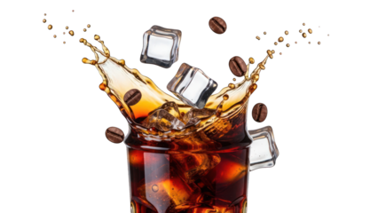 Iced coffee splash in a tall glass with ice cubes & coffee beans, black background
