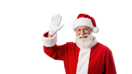 Jolly man in red suit and hat waves hello, isolated on black