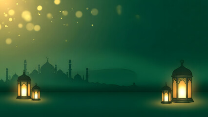 Islamic Festival Background with Green Mosque Silhouette and Bright Lanterns
