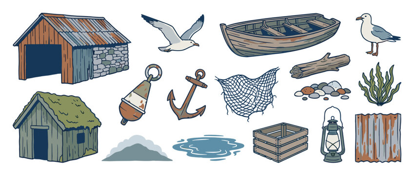 Hand-drawn collection of rustic nautical elements including a boat, anchor, shed, and seagull in a vintage illustration style for maritime and fishing themes