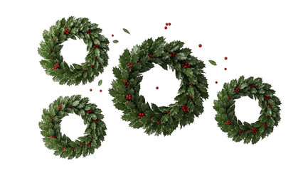 Overhead view of four green wreaths with red berries, some falling, on a black background