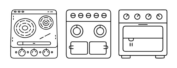 Kitchen appliances line art icons set: stove, cooktop, and oven for cooking