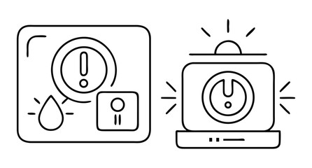 Alert and warning system icons: sensor, liquid level, and status indicator.