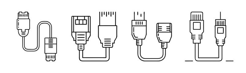 Essential data and multimedia cable connectors line art icon set for tech