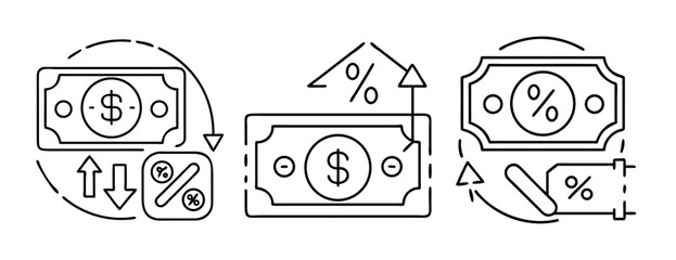 Financial services concept with dollar bills, percentages, interest, and discounts