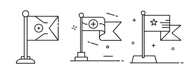 Outline flags featuring plus and star symbols on poles, vector icons set