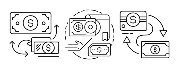 Digital financial transactions, money exchange, online banking process icons.