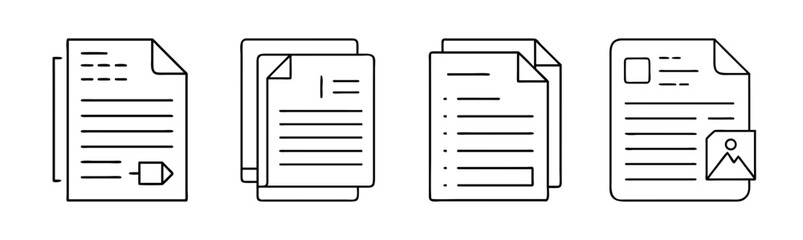 Outline document icons set: paper, file, data, report, content, pages, office