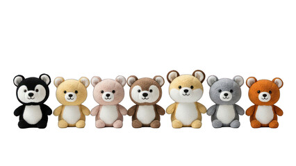 Obraz premium Seven plush bear toys in various colors, standing in a row against a black background