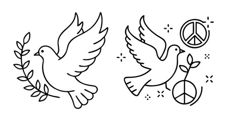 Flying dove with olive branch and peace symbol simple line art illustration