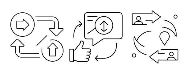 Digital process icons: data flow, user feedback, search, and navigation element.