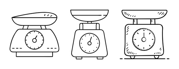Kitchen scales line art set for weighing ingredients, food, and objects.