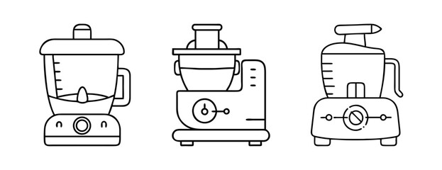 Kitchen appliances line art set including blender, food processor, and juicer