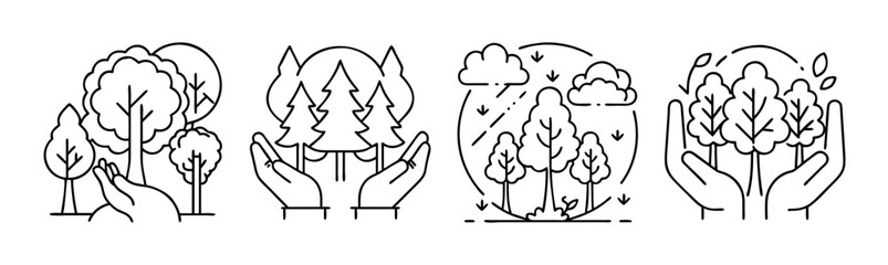 Environmental protection line icons for nature, trees, and forest care