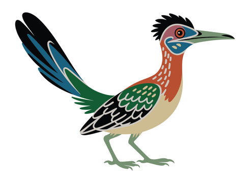 A colorful illustration of a roadrunner bird in profile, showcasing its vibrant plumage and distinctive features.