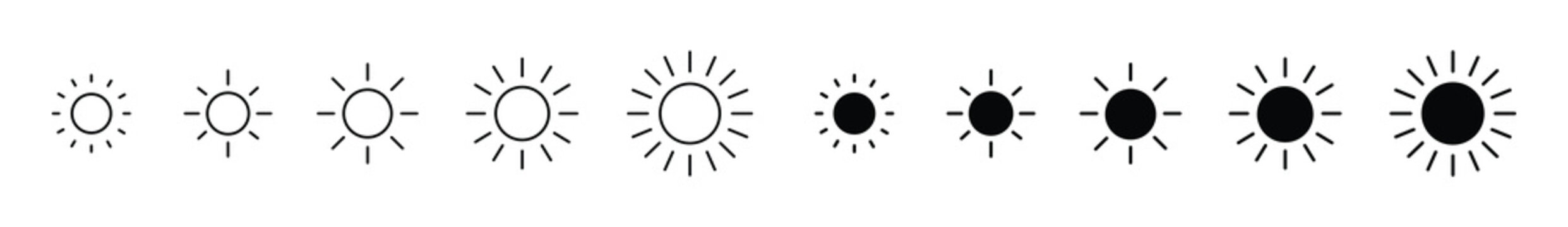 Brightness Level Icon Set. Sun Light Intensity Symbols. Screen Brightness Control, UI Adjustment Icons, Vector Illustration.
