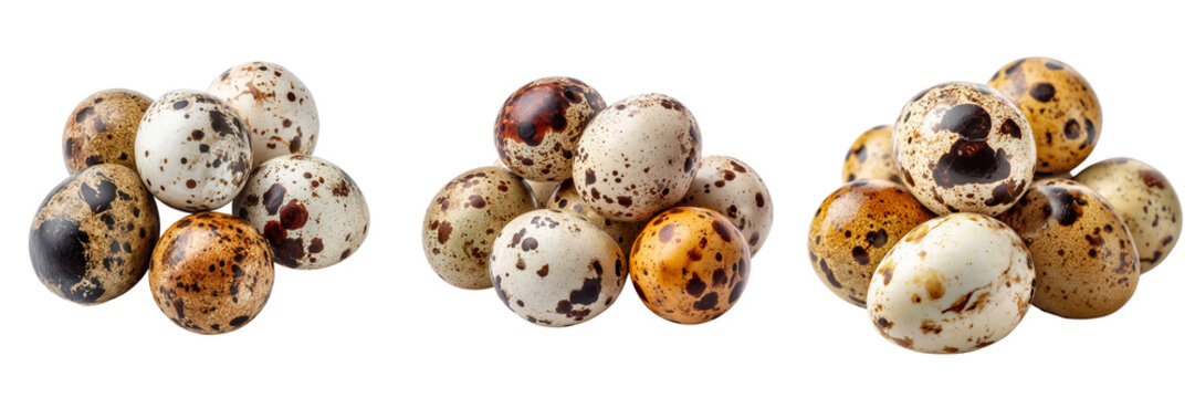 Set of Close-up shot of quail eggs in a plastic box, dark concrete underneath on transparent png background. Ai generated