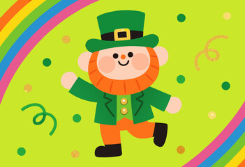 cheerful leprechaun dancing under rainbow with confetti on st. patrick's day illustration
