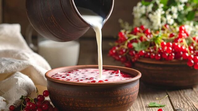 Pouring Milk Over Red Currants in Rustic Bowl