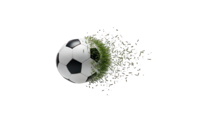 Soccer ball disintegrating into grass and particles against a black background