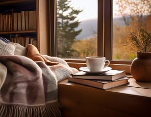 cozy reading nook with books blanket and coffee