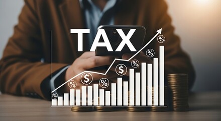 Person holding smartphone with rising tax graph and coins on table