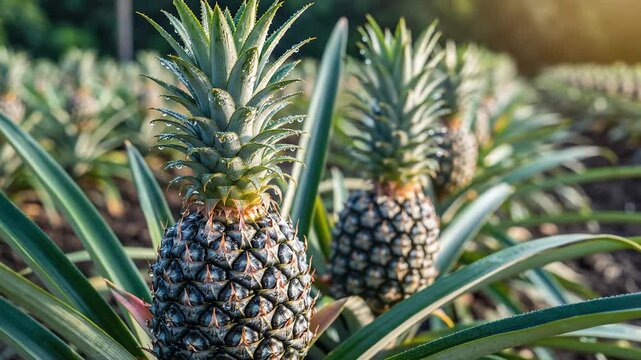 Pineapple field with ripe pineapples growing on the plant.
