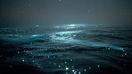 Bioluminescent ocean waves at night