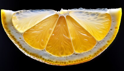close up of a bright yellow lemon slice with white pith on a black background citrus fruit isolated on white background cut out