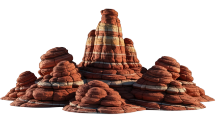 Striated red rock formations with white bands, against a black background
