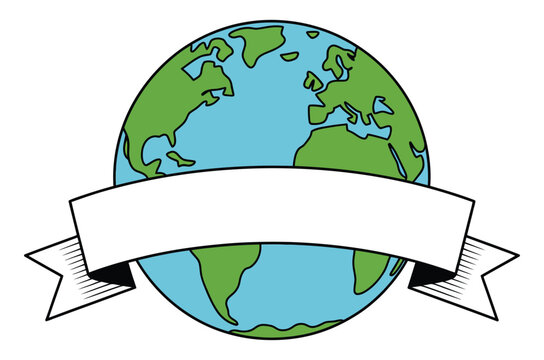 A cartoon illustration of the Earth with a blank white banner wrapped around it