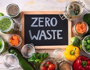 the zero waste chalkboard surrounded by reusable jars and fresh produce