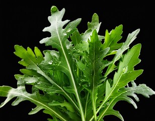 fresh green arugula leaves with water droplets on black background rocket salad isolated on white background cut out