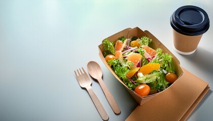 the salad in eco friendly takeout box with juice cup and wooden utensils