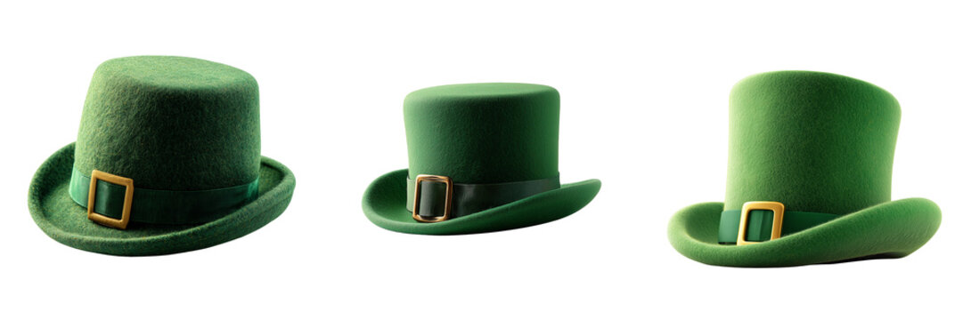 Set of Green felt leprechaun hat with black band and gold buckle on white backdrop, studio lighting on transparent png background. Ai generated