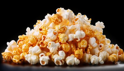 close up of a fluffy mound of golden brown and white popcorn against a black background snack food isolated on white background cut out