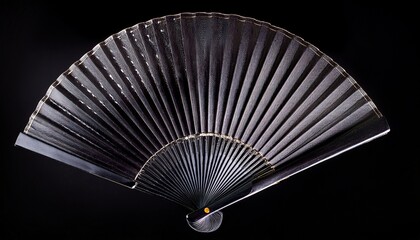 black folding fan open against black background studio shot accessory isolated on white background cut out
