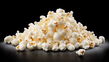 pile of fluffy white popcorn kernels scattered against a black background snack food isolated on white background cut out
