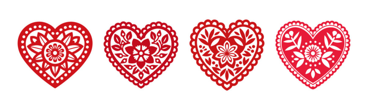 Four red decorative hearts with intricate floral patterns, folk art style