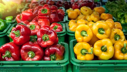 the bell peppers displayed in plastic trays on green crates at market