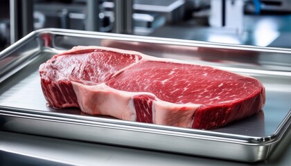 the raw beef steak on stainless tray in an industrial meat processing facility