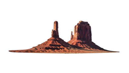 Two towering red sandstone buttes rise from the desert floor against a stark black background