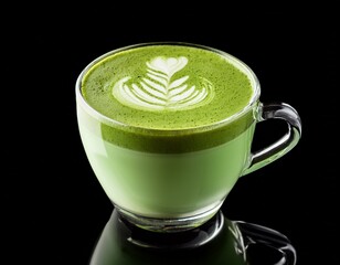 green matcha latte with foamy art in clear glass mug on black background drink beverage isolated on white background cut out