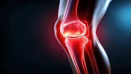 closeup of knee joint with glowing red bone surfaces