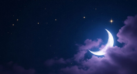 Crescent moon, luminous, among purple cloud, in a starry sky, representing the night, a serene atmosphere, and celestial phenomena in the universe