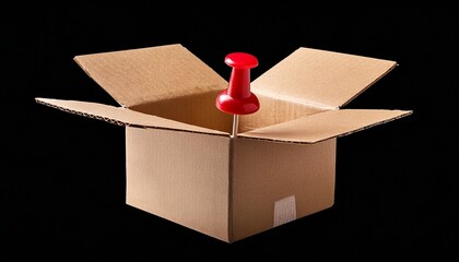 cardboard box with red pushpin on top against black background kraft paper isolated on white background cut out