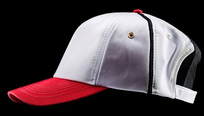 white baseball cap with black and red trim on brim isolated on black image isolated on white background cut out